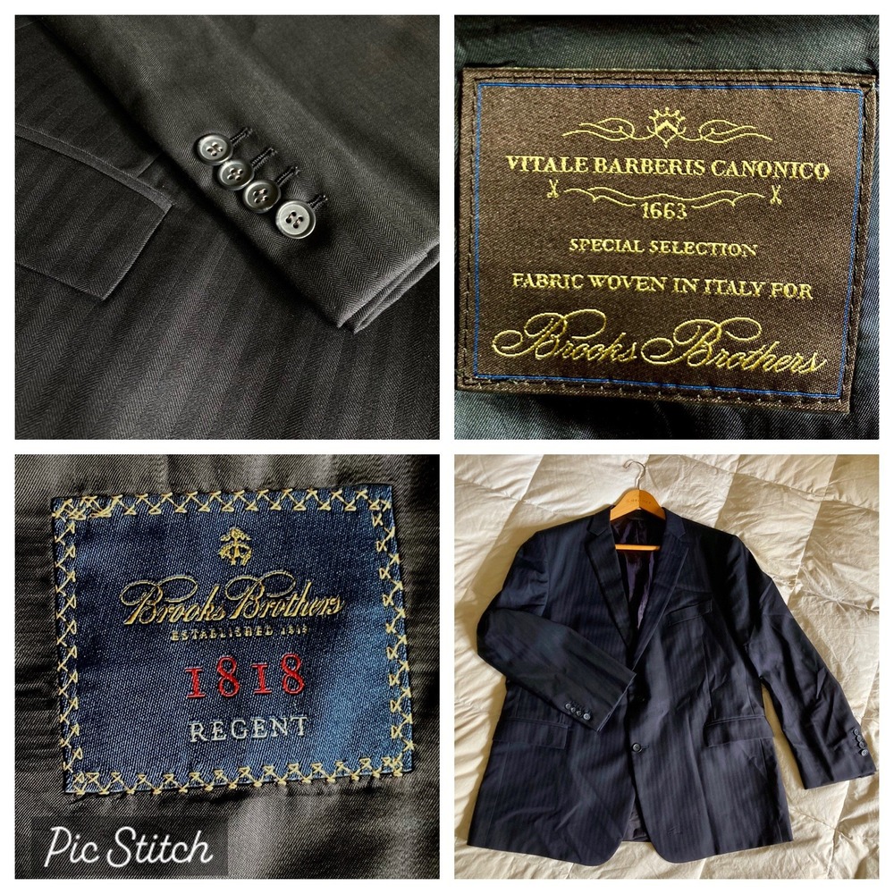 Brooks Brothers 1818 Regent Jacket 48R/W42 Vitale Barberis Wool Black Pinstripe